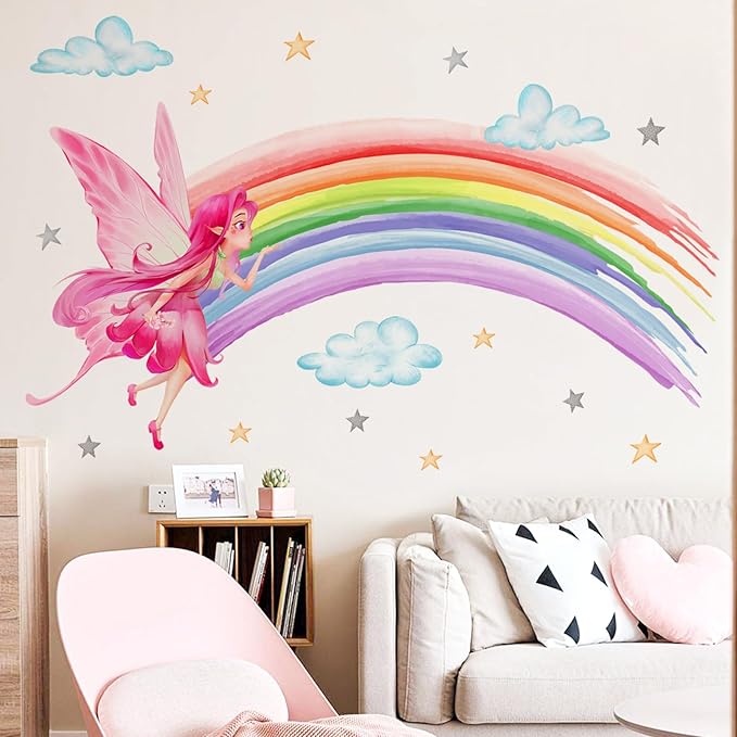Rainbow & Fairy Wall Decals - 2 Sheets, 30x90cm Each, Perfect for Kids' Room Decor
