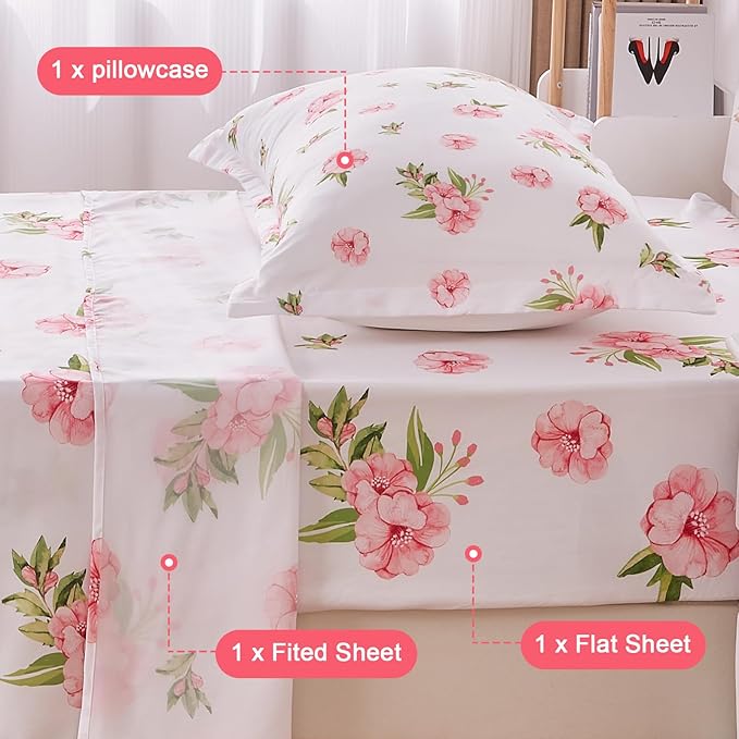 Twin Sheets Set White Pink Floral Bed Sheets Set Girls Cute Microfiber Cooling Sheets 3 Pieces Kids Twin Size Bed Set Wrinkle Free, 15 inch Deep Pocket Fitted Sheet, Flat Sheet, Pillowcase