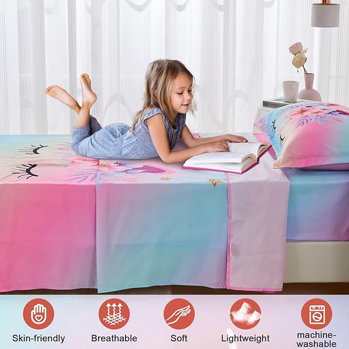 VIVILINEN Twin Size Sheet Set 3 Piece Rainbow Unicorn Kids Bed Sheets Set for Girls Kids Bedding Sheets Toddler Twin Bedding Set Include Flat Sheet, Deep Pocket Fitted Sheet and Pillowcase