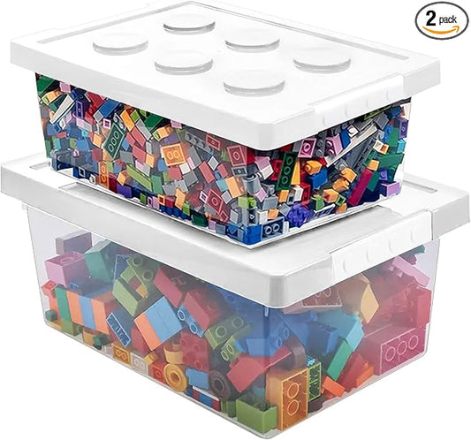 loobuu Plastic Storage Bins with Lids - Stackable Toy Storage Organizer Box Set of 2, Kids Toy Chests with Compatible Building Baseplate and Lid, Storage Container for Building Bricks & Toys- White