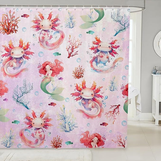 Feelyou Boys Girls Cute Axolotl Bath Curtain Ocean Sealife Bathroom Shower Curtain Set Mermaid Shower Curtain Kids Sea Animal Teens Bathroom Accessories Room Decor 72"x78"