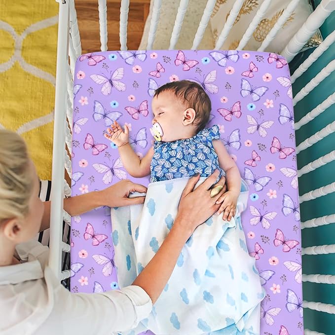 JISEN Baby Crib Sheets Soft Breathable Butterfly Fitted Crib Sheets Baby Sheet for Standard Crib and Toddler Mattress Baby Bed Sheets for Crib for Baby Boys Girls Neutral 52x28 Inch
