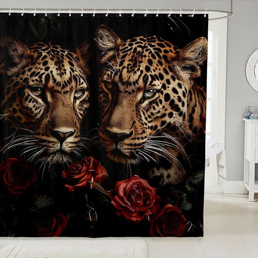 Feelyou Leopard Shower Curtain Rose Leopard Bathroom Shower Curtain Set Wild Animal Bath Curtain for Kids Boys Girls Boys Leopard Kids Bathroom Accessories Frighting Leopard 72"x72"