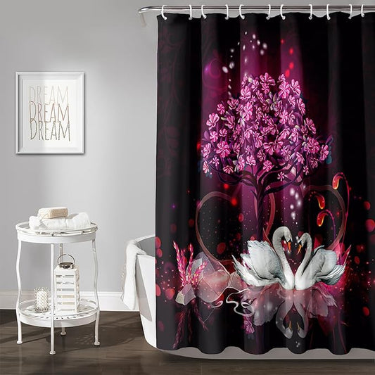 AILONEN Romantic Love Theme Shower Curtain for Girls Pink Love Tree Floral Valentine Bathroom Decor,Swan Couple Lover Bath Curtain 72" W*96" H Polyester Waterproof Bathroom Curtain with Hooks