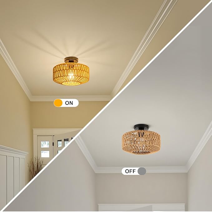 MAYNA Rattan Ceiling Light Fixture, Hand-Woven Boho Light Fixtures Ceiling Mount, Rattan Flush Mount Ceiling Light for Farmhouse Hallway Bedroom Kitchen Entryway Living Room (Black)