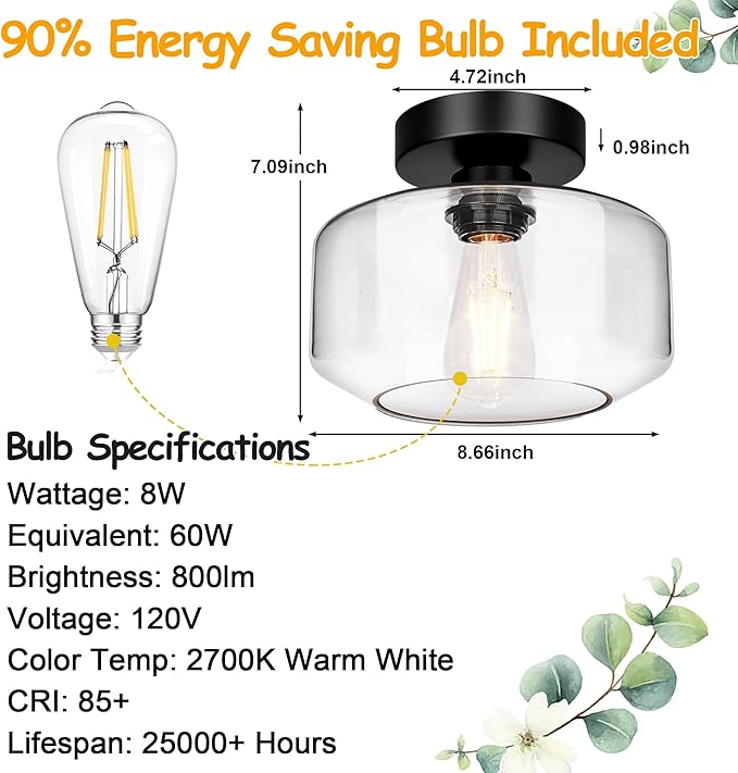 Industrial Semi Flush Mount Ceiling Light, 800 Lumen LED Bulb Included, Clear Glass Shade Ceiling Light Fixture, Farmhouse Light Fixture for Hallway Corridor Kitchen Bathroom Bedroom Passway