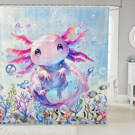 Feelyou Boys Girls Cute Axolotl Shower Curtain Ocean Sealife Bathroom Shower Curtain Set Kids Kawaii Bath Curtain Cartoon Salamander Teens Bathroom Accessories Room Decor 72"x84"