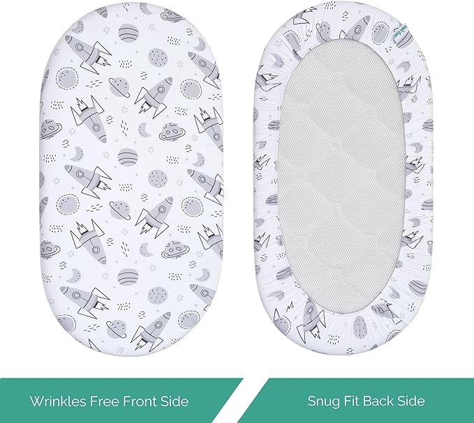 TansyPanda Bassinet Sheets for Baby Delight Snuggle Nest, Chicco LullaGo, Fisher-Price Soothing, SNOO Smart, 3PC, 18 x 30 Inch, Ultra Soft, Breathable, Snug Fit, Unisex Boys, Girls (Space Rockets)