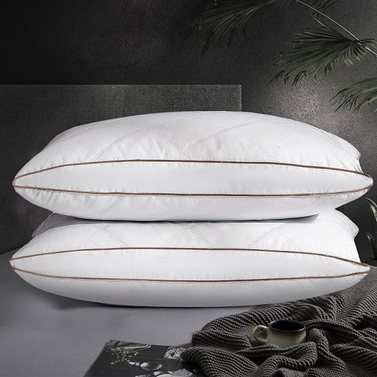 UNIKOME Natural Goose Feathers and Down Pillow - Queen Size Set of 2, Medium Firm Pillow with 100% Cotton Cover, Gussted & Quilting Design Hotel Collection Bed Pillows for Back, Stomach, Side Sleeping