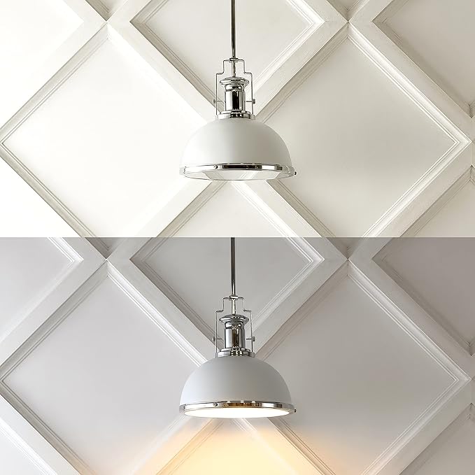 JONATHAN Y JYL9536C Homer 13" 1-Light Modern Industrial Iron LED Dome Pendant Classic, Cottage, Farmhouse Bedroom Living Room, Chrome/White