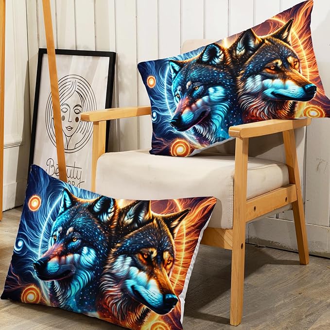 AILONEN Boys Wolf Fitted Sheet Set Queen Wolf Bed Sheet Set, Wildlife Animal Theme Fitted Sheet with 2 Pillowcases,3 Pieces Ice and Fire Light Wolves Print Fitted Sheet Set