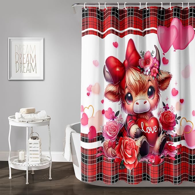 AILONEN Cartoon Yak Shower Curtain Set, Lovely Red Rose Cow Polyester Waterproof Shower Curtain for Bathroom,Love Scottish Tartan Theme Cloth Bath Curtain Set with Hooks,36" Wx72 H