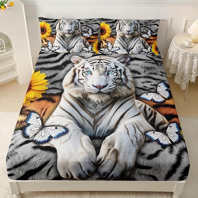 AILONEN Tiger Fitted Sheet Set Full Size, 3 Pieces White Tiger Fur Printed Bed Sheet Set,Kids Boys Girls Sunflower Tiger Sheet Set,Butterfly Tiger Fitted Sheet with 2 Pillowcases