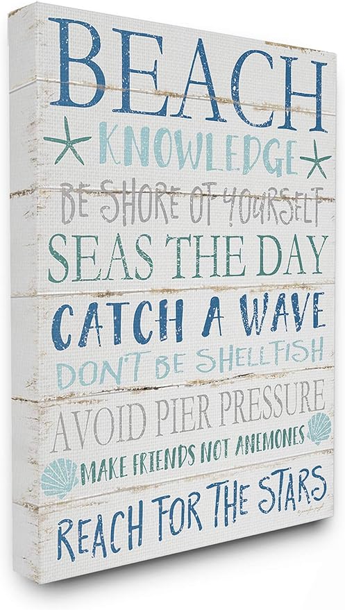 Stupell Industries cwp-367 Beach Knowledge Blue Aqua and White Planked Look Sign Wall Art, 24 x 30, Gallery Wrapped Canvas