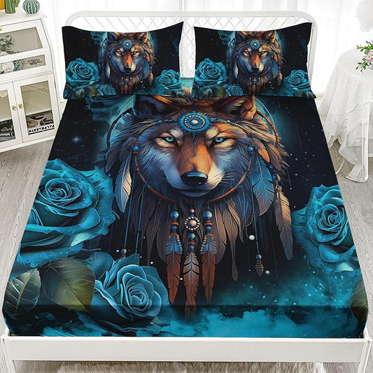AILONEN Wolf Fitted Sheet Set Twin Size Dream Catcher Bed Sheet Set, Blue Rose Smoke Wolf Sheet Set for Boys Girls,Animal Wolf Fitted Sheet with 2 Pillowcases,3 Pieces