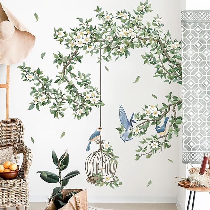 Birdcage Plant Leaves Wall Stickers Branch Vine Birds Wall Decals Peel and Stick Wall Art Decals for Living Room Bedroom TV Wall