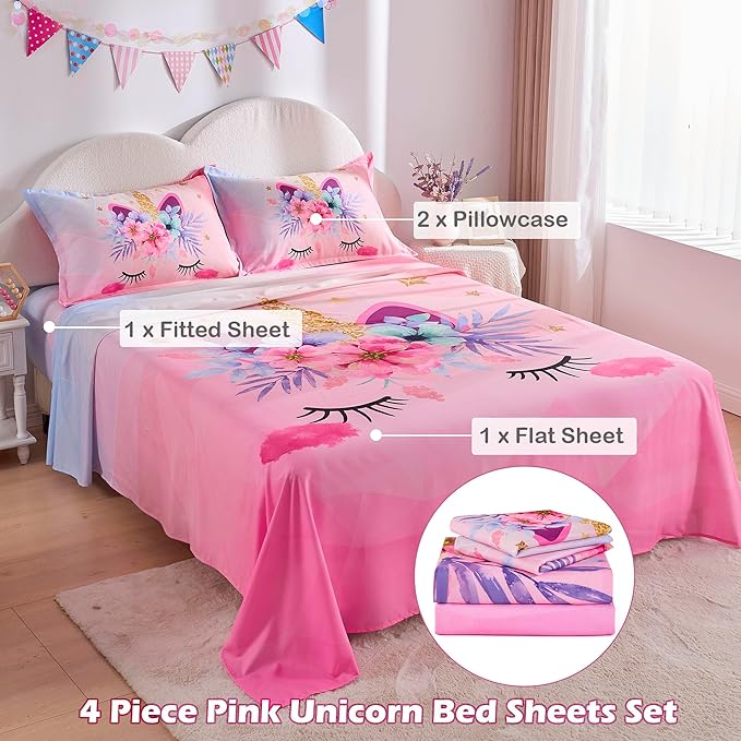 VIVILINEN Full Size Sheet Set 4 Piece Kid Sheets Set for Girls Pink Unicorn Full Bed Sheets Set for Teens Bedding Set Include Flat Sheet, Deep Pocket Fitted Sheet and Pillowcase