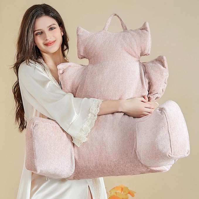 Reading Pillow with Shredded Memory Foam, Large Adult Backrest with Arms, Back Support for Sitting Up in Bed with Washable Cover (Sit up Pillow)