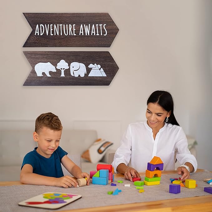 Nursery Wall Decor - 2 Pcs Wood Adventure Awaits Sign, Baby Elephant Nursery Decor For Kids Room, Safari Theme Woodland Decorations, Bear Mountain Cabin Wall Decor Art, 14 x 10 inch