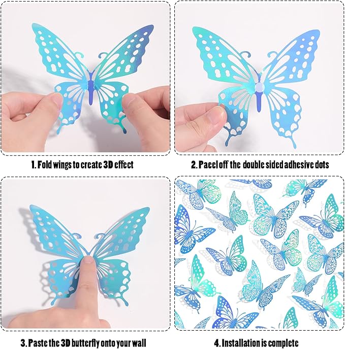 SAOROPEB 3D Butterfly Wall Decor 48 Pcs 4 Styles 3 Sizes, Butterfly Decorations for Butterfly Birthday Decorations Butterfly Party Decorations Cake Decorations, Removable Stickers (Laser Blue)
