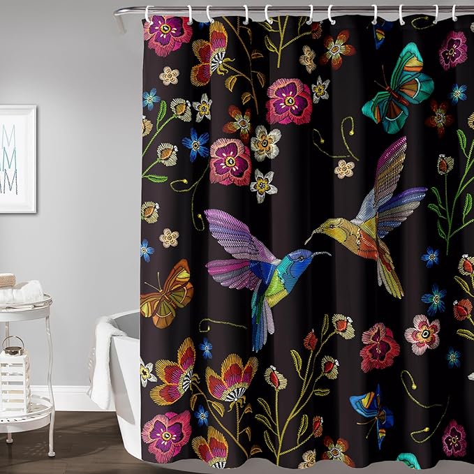 AILONEN Retro Hummingbird Shower Curtain,Wild Floral Flower Bathroom Decor with 12 Plastic Hooks,Bird Butterfly Vintage Black Curtains,Modern Bedroom Decor Gifts for Girls Teen Adult 72" W*78" H