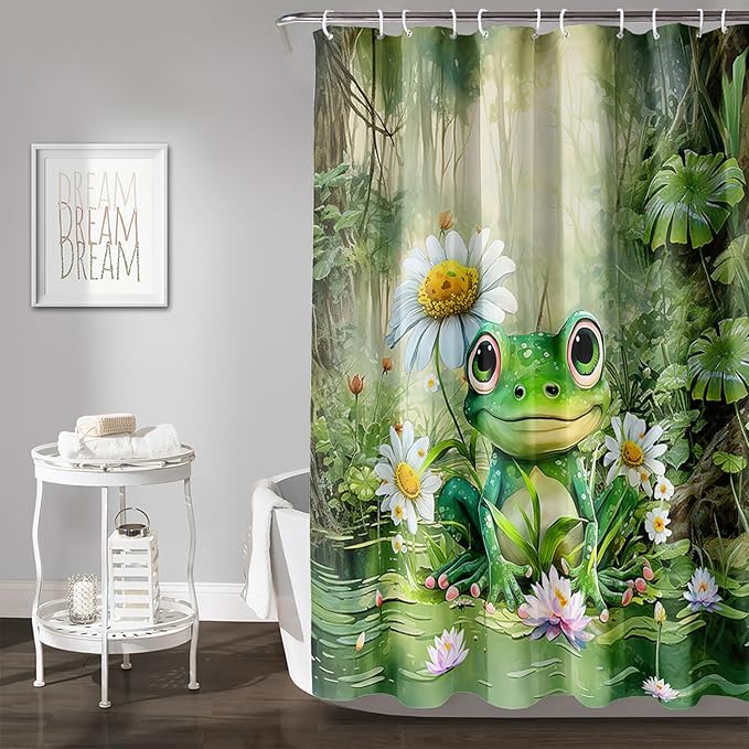 AILONEN Cartoon Frog Shower Curtain,Green Frog with Daisy Bath Curtain Set for Kids Boys Girls,Tropical Amphibian Waterproof Fabric Shower Curtain,Nature Shower Curtain for Bathroom,72" W*84" H