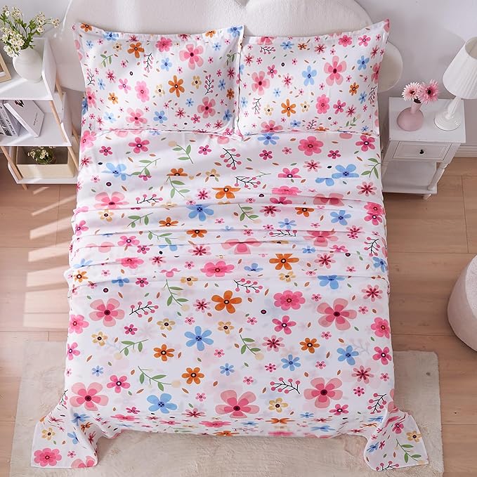 Queen Sheet Set White Colorful Floral Bed Sheets Set Cute Soft Microfiber Cooling Sheets 4 Pieces Queen Size Bed Set Wrinkle Free, 15 inch Deep Pocket Fitted Sheet, Flat Sheet, Pillowcases