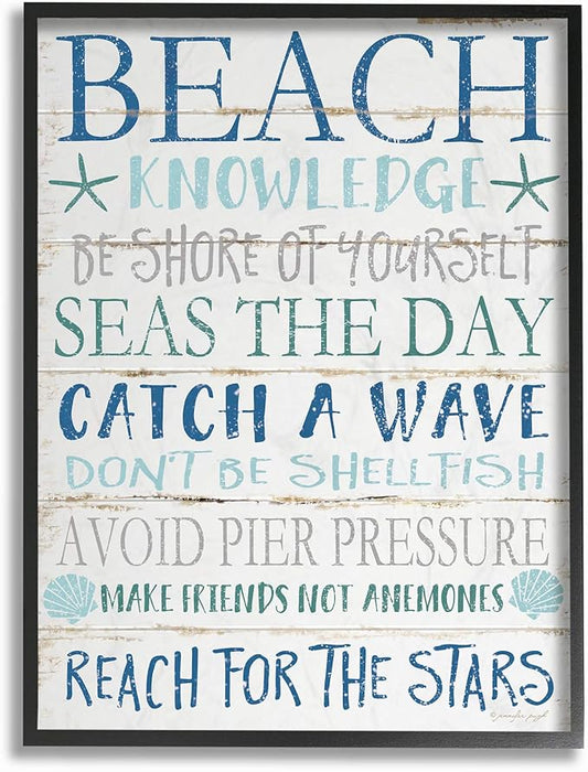 Stupell Industries cwp-367 Beach Knowledge Blue Aqua and White Planked Look Sign Wall Art, 11 x 14, Black Framed