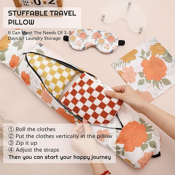 Stuffable Travel Pillows, Travel Pillows for Airplanes, Portable Self-Fillable Travel Neck Pillows, Comes with Contoured Eye Mask, Earplugs, and Storage Bag (Pillow Cover Only, No Filler)