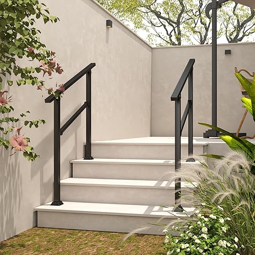 Hand Rails for Outdoor Steps, 40" x 36" Fits 2-3 Steps Stair Handrail, Black Metal Railings for Indoor Steps, Porch Railing, Deck Railing, Easy Install Stair Handrail(1 Pack) 