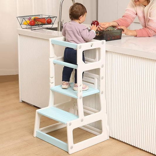 SDADI Mother's Helper Adjustable Height Plastic Kitchen Step Stool for Children, Kids Toddlers Counter Level Learning Stool for Kitchen & Bathroom,Beige and Blue