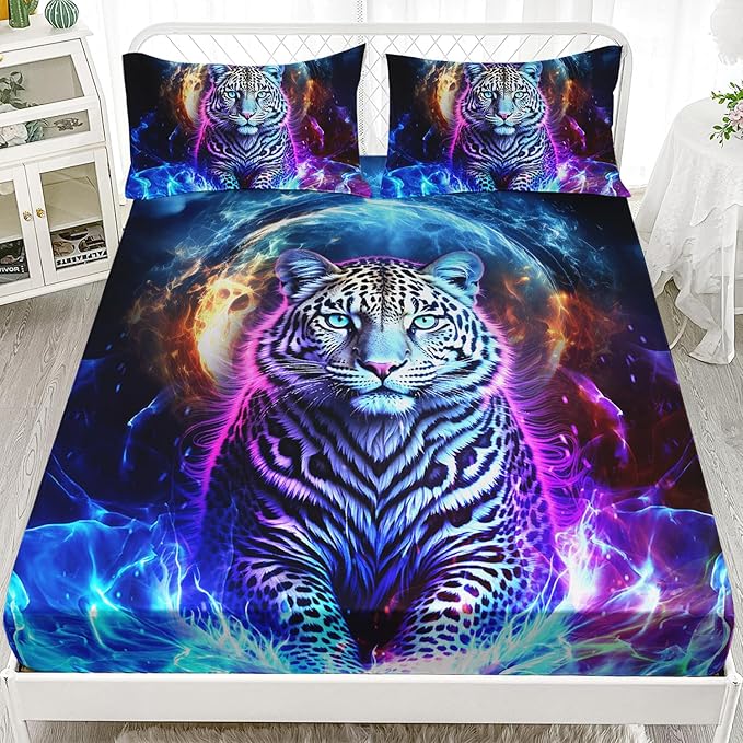 AILONEN Leopard Fitted Sheet Set Queen Size, Boys Blue Smoky 3 Pieces Printed Cheetah Bed Sheet Set,Wildlife Fitted Sheet with 2 Pillowcases
