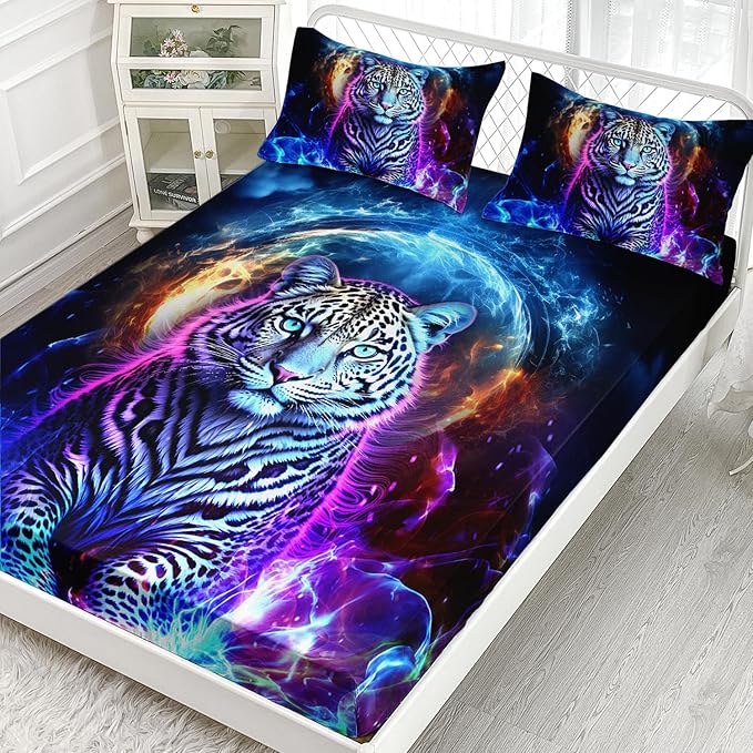 AILONEN Leopard Fitted Sheet Set Twin Size, Boys Blue Smoky 3 Pieces Printed Cheetah Bed Sheet Set,Wildlife Fitted Sheet with 2 Pillowcases