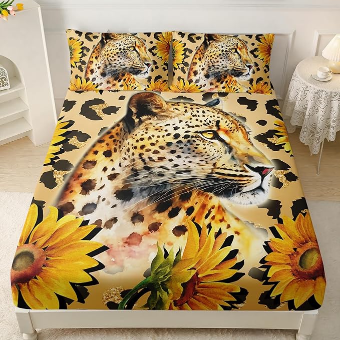 AILONEN Leopard Fitted Sheet Set for Boys, 3 Pieces Queen Yellow Sunflower and Animal Cheetah Leopard Printed Fitted Sheet Set for Kids Adults,1 Fitted Sheet with 2 Pillowcases