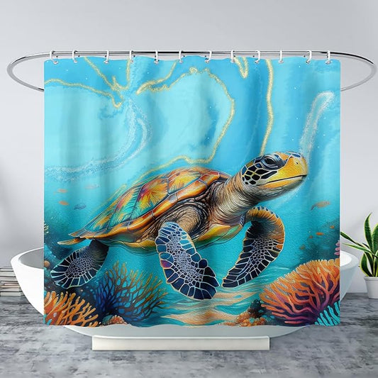 AILONEN Kawaii Sea Turtle Shower Curtain,3D Ocean Animal Themed Bath Curtain Cloth Fabric Bathroom 36" W*72" H Inch,12 Pack Hooks for Kids Child,Colorful Marble Style Bathroom Curtain