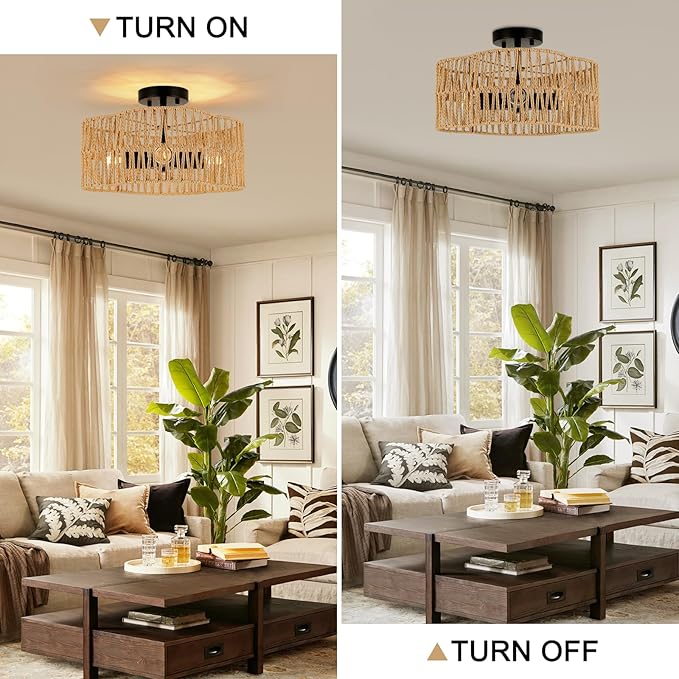 Boho Light Fixtures Ceiling Mount, 4-Light Farmhouse Rattan Ceiling Light Fixture, Semi Flush Mount Ceiling Light with Hand-Woven Shade, Modern Chandelier for Living Bedroom Kitchen Nursery