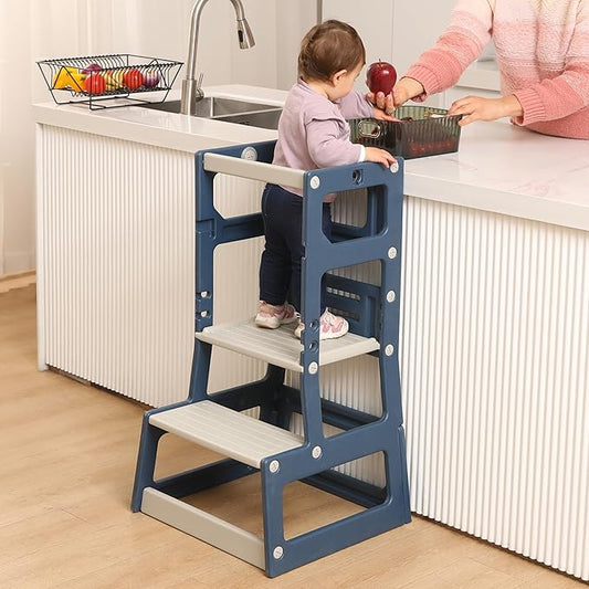 SDADI Mother's Helper Adjustable Height Plastic Kitchen Step Stool for Children, Kids Toddlers Counter Level Learning Stool for Kitchen & Bathroom,Blue and Light Grey