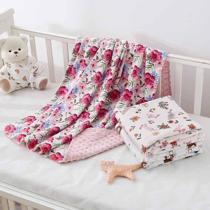 DaysU Silky Micro Soft Plush Baby Blankets for Girls with Print Pattern and Soothing Raised Dots, Double Layer Bed Throws for Baby Crib, Flower, Pink, 30x40 Inches