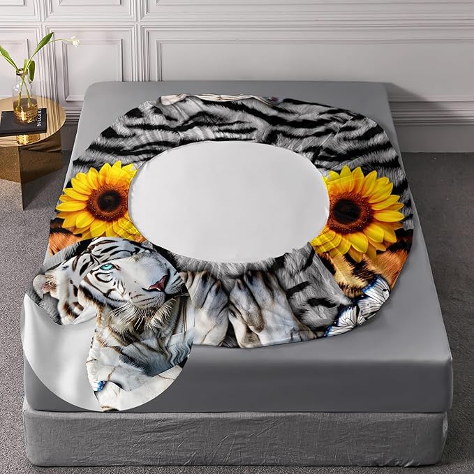 AILONEN Tiger Fitted Sheet Set Twin Size, 3 Pieces White Tiger Fur Printed Bed Sheet Set,Kids Boys Girls Sunflower Tiger Sheet Set,Butterfly Tiger Fitted Sheet with 2 Pillowcases
