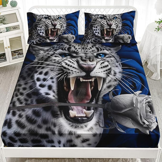 AILONEN Leopard Fitted Sheet Set Full Size, Roaring Cheetah Print Bed Sheet Set,Blue Rose Bedding Grey Leopard Sheet Set,Wildlife Bed Sheet Set Animal Themed Fitted Sheet and 2 Pillowcases,3 Pieces