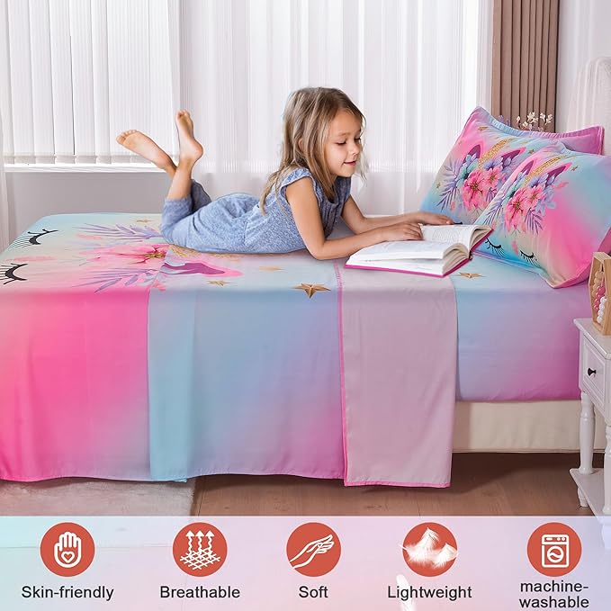 VIVILINEN Queen Size Sheet Set 3 Piece Rainbow Unicorn Kids Queen Bed Sheet Set for Girls Deep Pocket Bedding Set Bed Fitted Sheet Set Include Flat Sheet, Deep Pocket Fitted Sheet and 2 Pillowcase