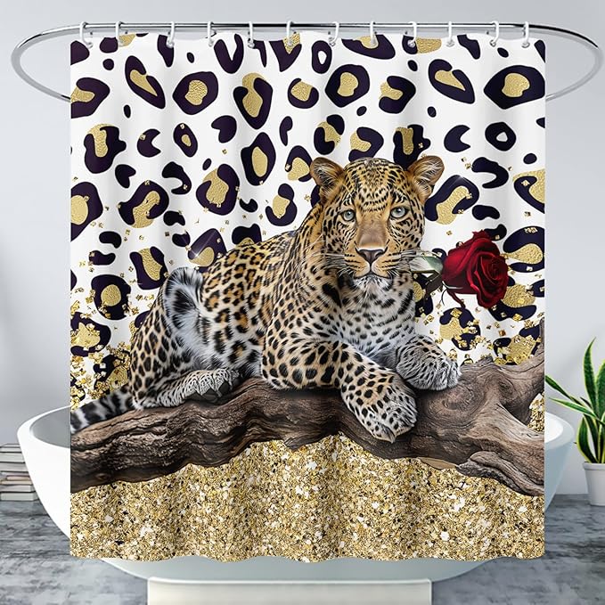 AILONEN Leopard Shower Curtains for Bathroom,Rose Leopard Bath Shower Gifts for Lover,Wild Animal Curtains Polyester Waterproof with 12 Plastic Hooks 60" W*72" H