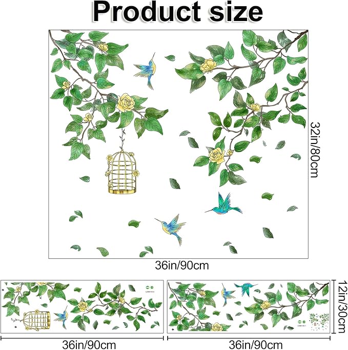 Amaonm Removable PVC Two Tree Branches With Green Leaves wall Sticker DIY Peel and Stick Flower and Birds Wall Decals Decor for Kids Girls Boys Bedroom Living Room Nursery Classroom Playroom Wall Background Decoration