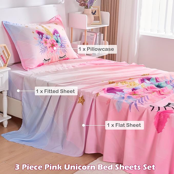 VIVILINEN Twin Size Bed Sheets Set for Kids Girls 3 Piece Pink Unicorn Kids Sheets Set Toddler Twin Bedding Set Include Flat Sheet, Deep Pocket Fitted Sheet and Pillowcase