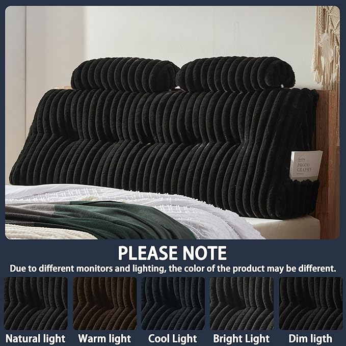 Faux Fur Headboard Pillow with 2 Pack Neck Roll Pillow Large Headboard Pillow Soft and Supportive with Removable Cover (Black, Queen)