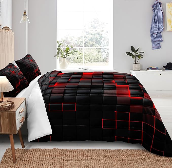 Bedbay Black Checkered Comforter Set Queen Size Plaid Bedding 4 Pcs Stereoscopic Glowing Square Geometric Printing Quilt Set Boys Girls Black Red Grid Bedding Set Queen Duvet Set (Red Black,Queen)