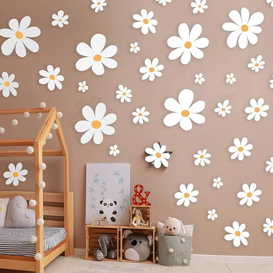 Classic Style Daisy Wall Decal - 12 Sheets of Big White Vinyl Flower Wall Stickers - Daisy Decor Ideal for Kids Girls Nursery, Playroom, Bedroom, and Living Room - Peel and Stick Floral Stickers