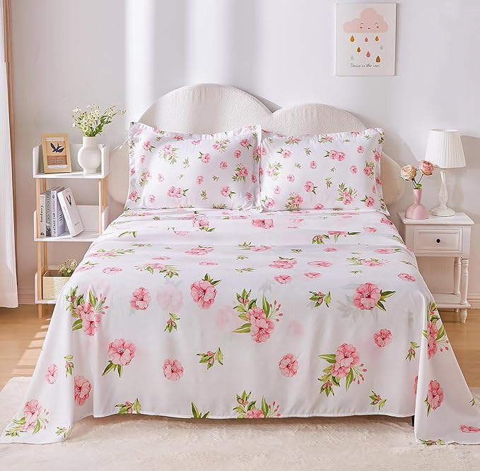 Queen Sheet Set White Pink Floral Bed Sheets Set Cute Soft Microfiber Cooling Sheets 4 Pieces Queen Size Bed Set Wrinkle Free, 15 inch Deep Pocket Fitted Sheet, Flat Sheet, Pillowcases