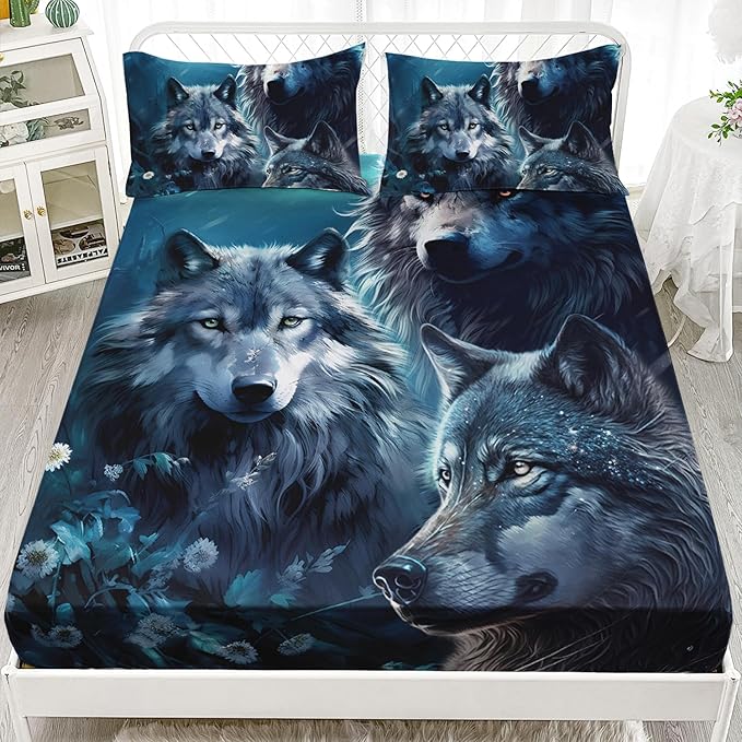 AILONEN Boys Wolf Fitted Sheet Set Full Size, 3 Pieces Wildlife Bed Sheet Set,Evening Moon Wolf Sheet Set for Boys Teen Men,Wolves Print Fitted Sheet with 2 Pillowcases