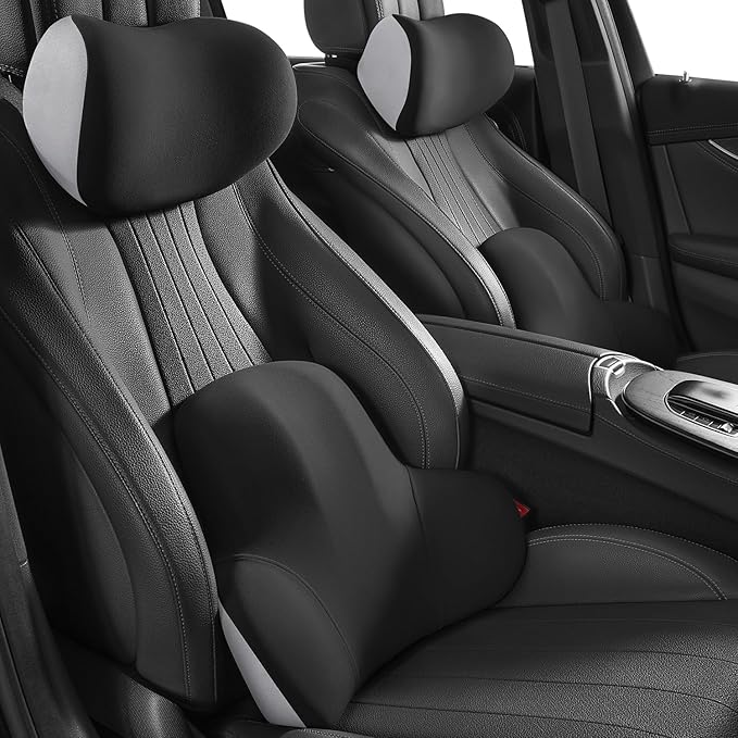 Lumbar Support for Car - Back Cushion for Driving Seat Lower Back Pain Relief - Memory Foam Lumbar Pillow for Car/Office Chair - Ergonomic Streamline Soft Washable Cover-Black&Grey